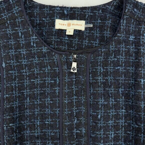 TORY BURCH Tweed Wool Blend Evening Career Jacket Size 6 Blue Black - Picture 3 of 7
